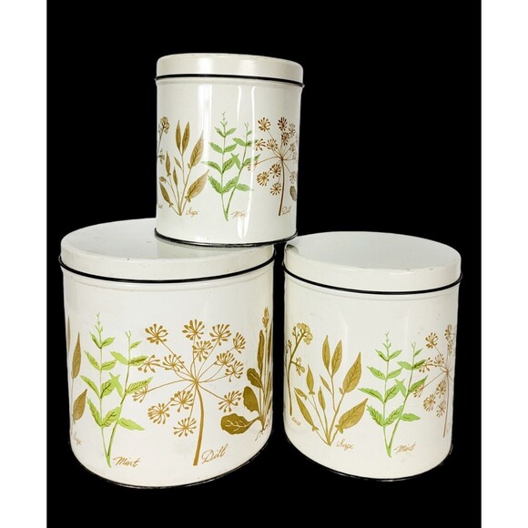 VTG MCM Botanical "Herbs" Nesting Storage Tins Set of Three Storage Canisters - Picture 2 of 16